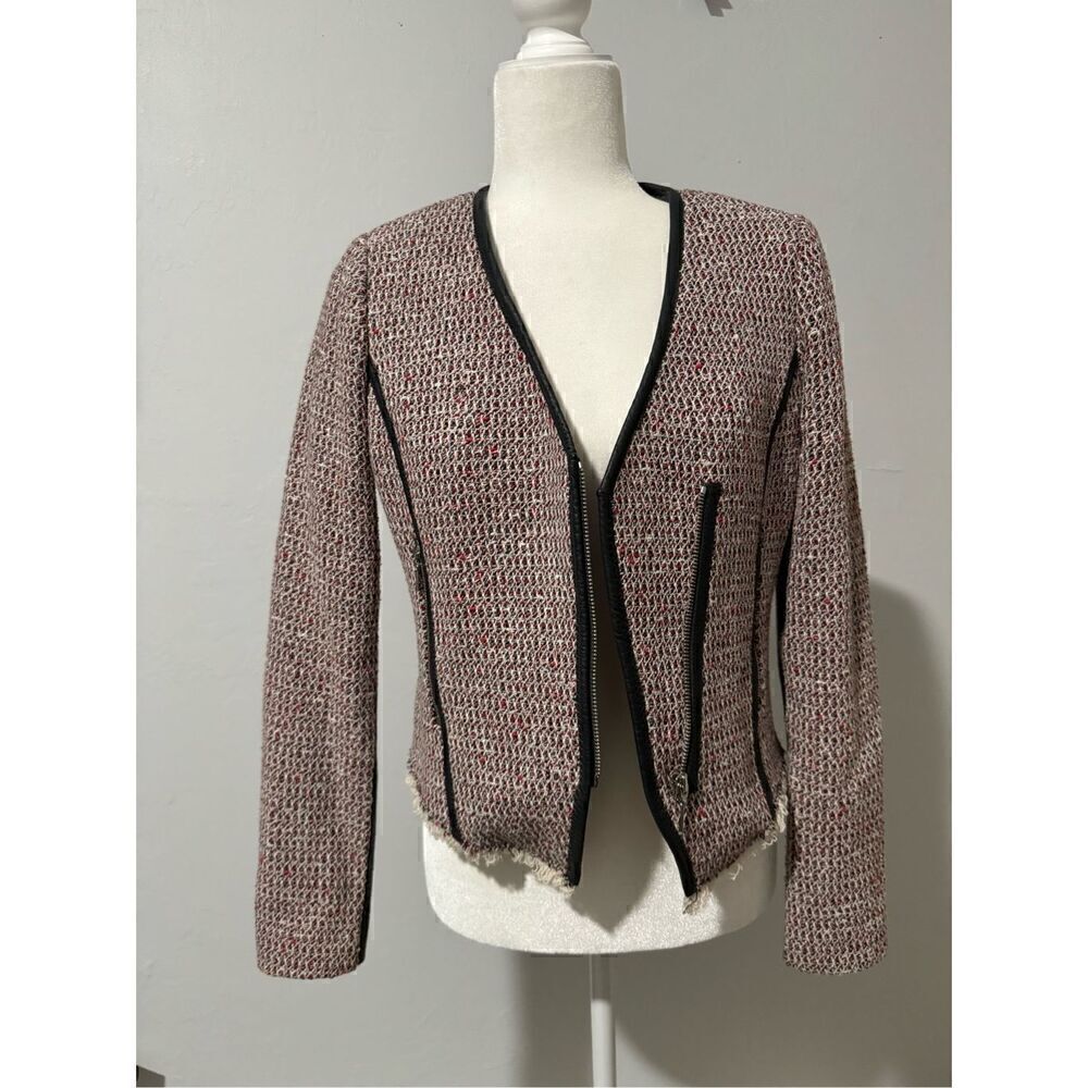 Rebecca Taylor tweed leather trim zip front biker jacket 4